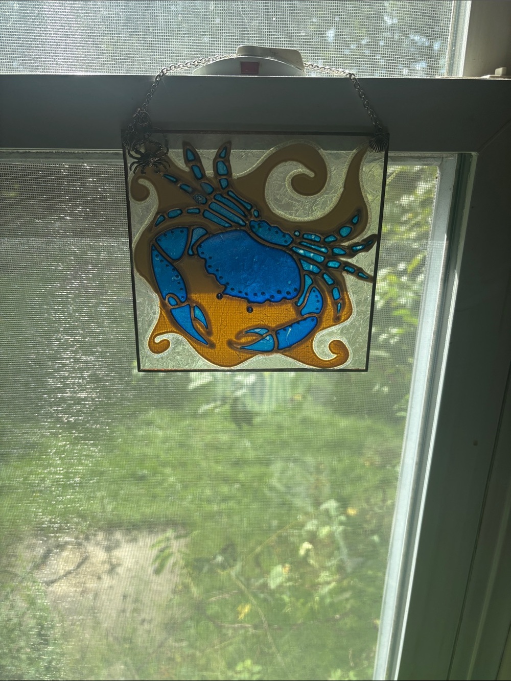 Vintage Blue Crab Hand Painted Faux Stained Glass Suncatcher Window Hanging Pane